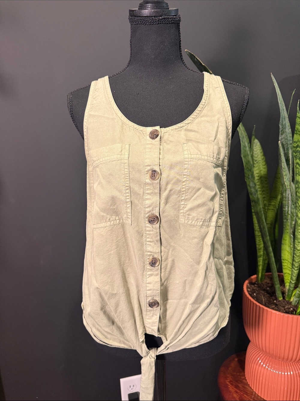 Universal Thread Light Olive Button-Front Tank with Front Tie